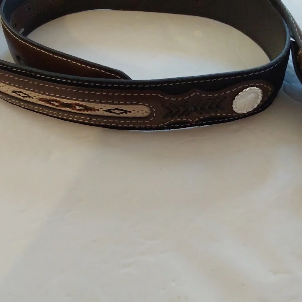 Nocona Mens Black leather belt Silver Buckle/ Conchos Brown inlay Sz.44